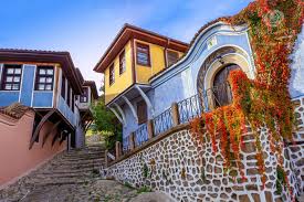 Blue Revival-era house with ornate façade in Plovdiv Old Town