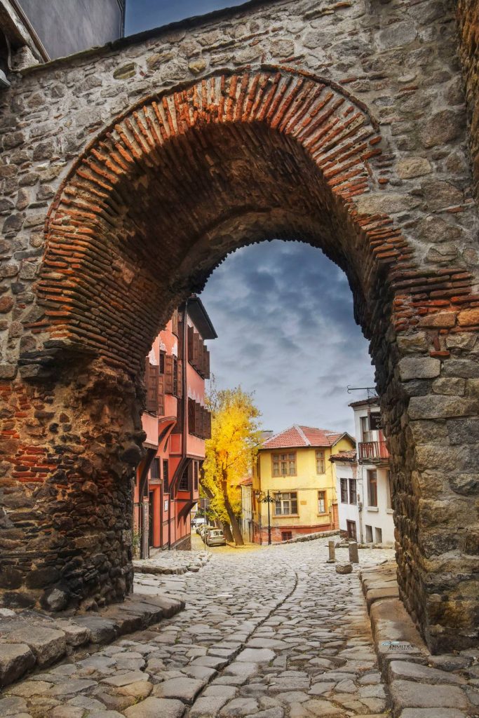 Stone archway of Hisar Kapia gate leading into Plovdiv Old Town