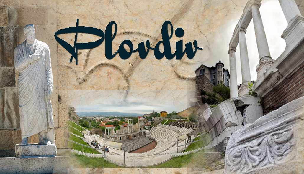Collage of Plovdiv featuring ancient theatre, statue and city skyline