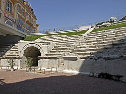 Arched entrance and marble seating of the Roman Stadium in Plovdiv