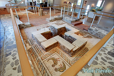 Colourful early Christian mosaic floors in the Small Basilica of Plovdiv